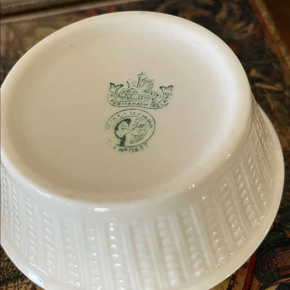 Vintage Belleek Ireland Creamer & Sugar Set | Embossed Basketweave Creamware